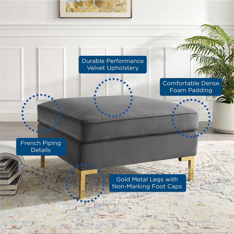Pemberly Row Modern Performance Velvet Ottoman in Gray / Gold
