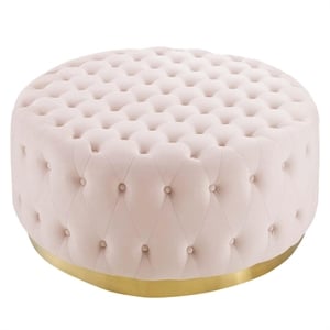 Pemberley Row Velvet Pink Ottoman Round Upholstered 40&quot Unassembled
