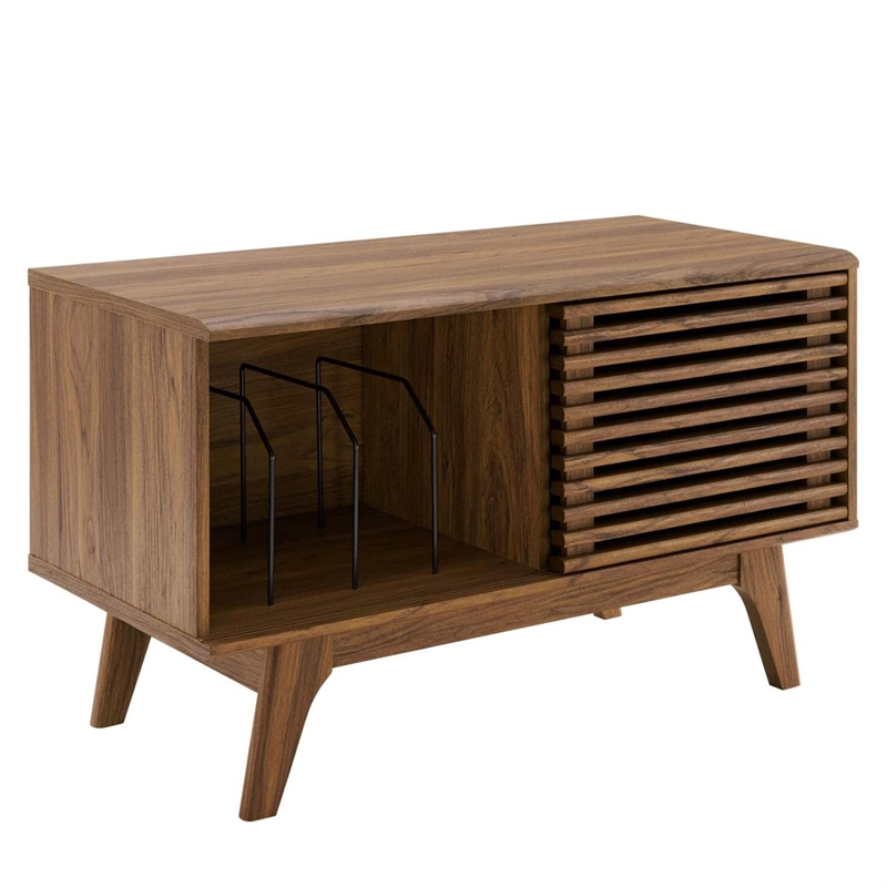Pemberly Row Wood & Vinyl Record Display Stand with Sliding Door in Walnut
