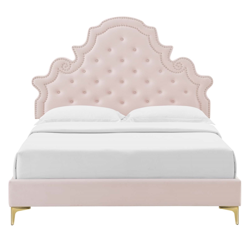 Pemberly Row Performance Velvet Full Platform Bed in Pink Finish