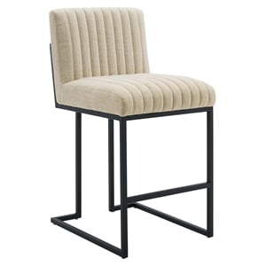 Pemberly Row 26.5&quot Channel Tufted Fabric Counter Stool in Beige/Black