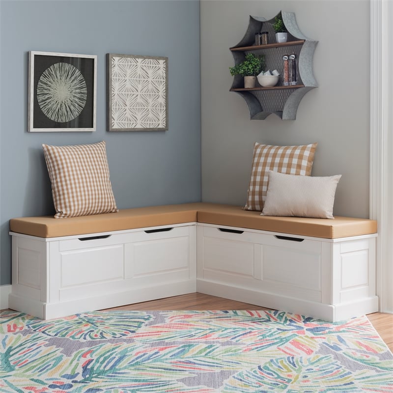 Pemberly Row White Wood Nook With Beige Polyester Fabric Cushions