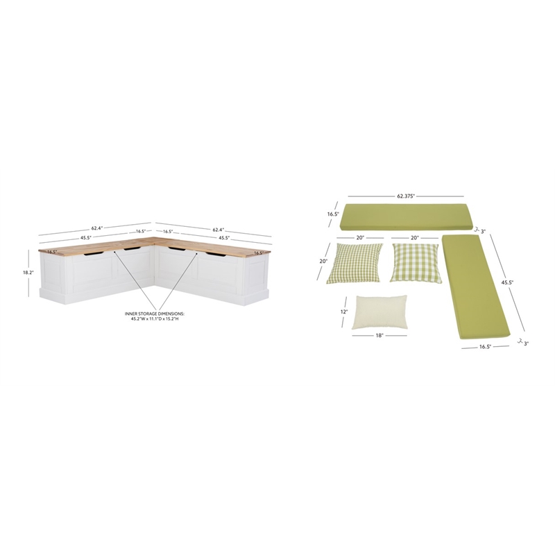 Pemberly Row Natural White Wood Nook With Green Polyester Fabric Cushions