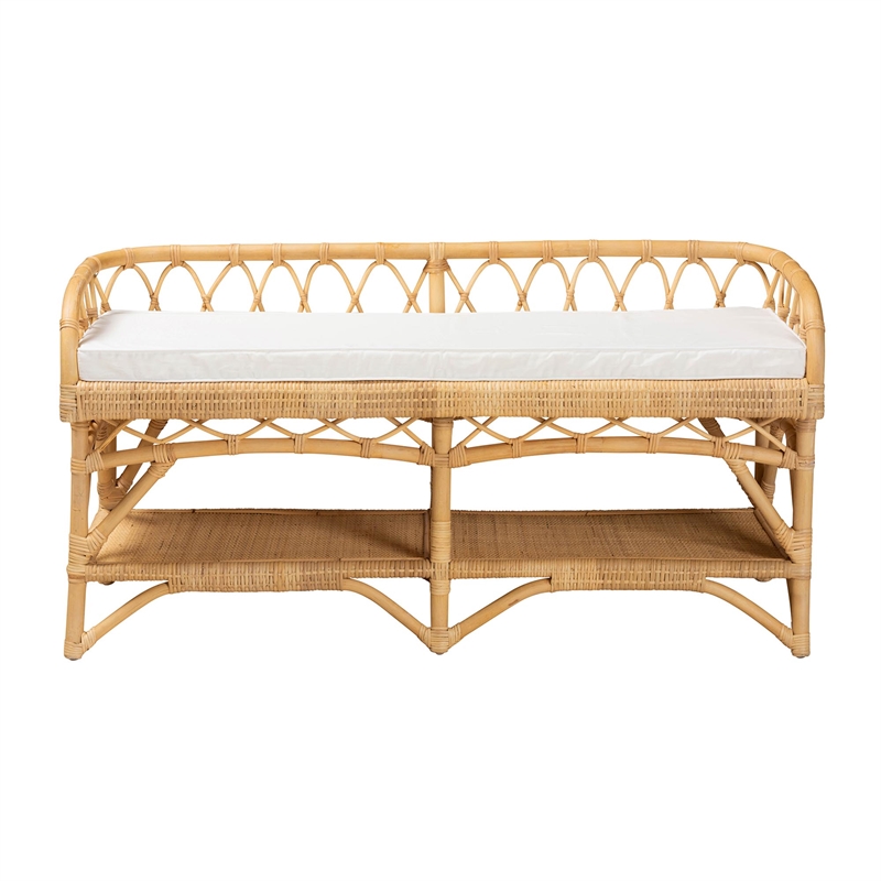 Pemberly Row Modern Bohemian Natural Rattan Bench with 1 Open Shelf in Brown
