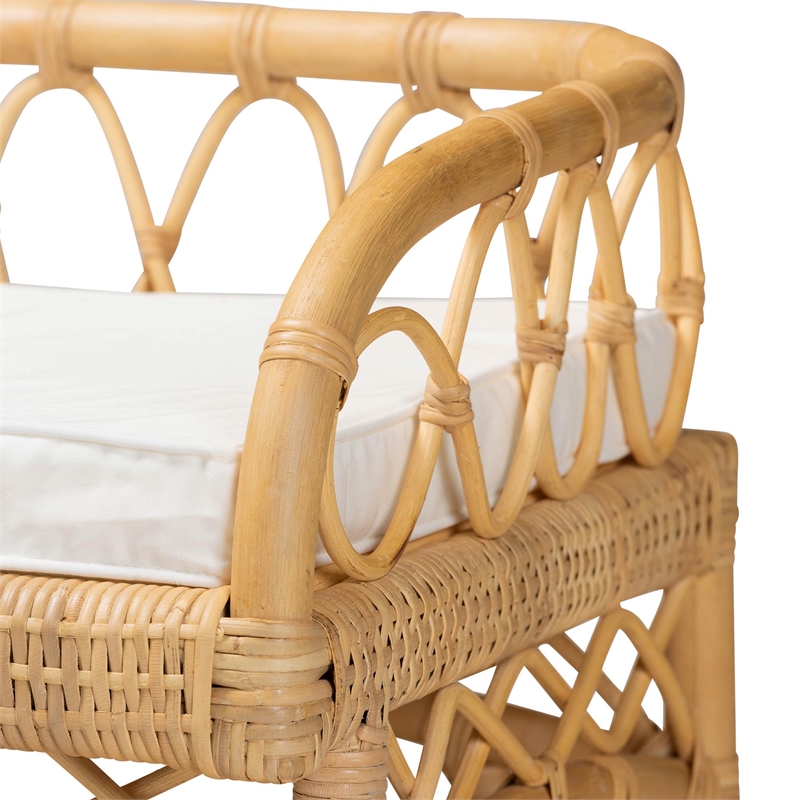 Pemberly Row Modern Bohemian Natural Rattan Bench with 1 Open Shelf in Brown