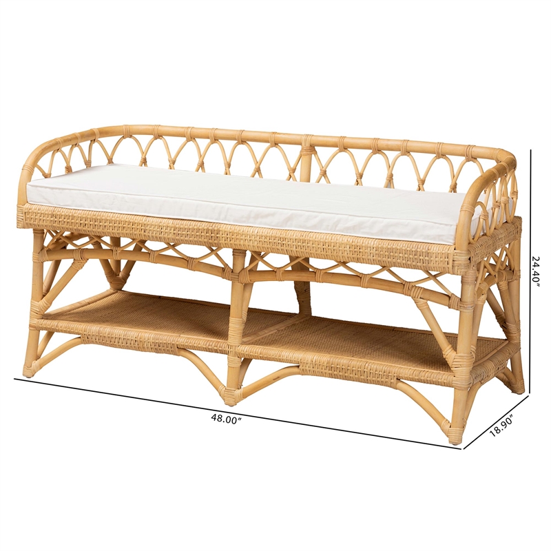 Pemberly Row Modern Bohemian Natural Rattan Bench with 1 Open Shelf in Brown