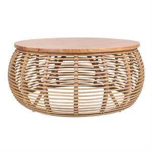 Pemberly Row Round Rattan Coffee Table in Brown/Natural Honey