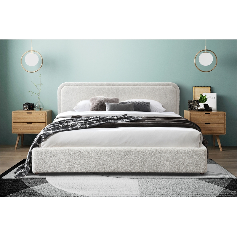 Pemberly Row Upholstered Platform King Bed in White Boucle Fabric