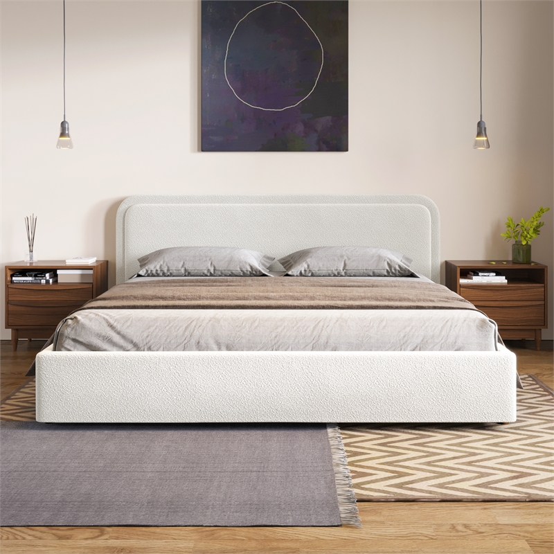 Pemberly Row Upholstered Platform King Bed in White Boucle Fabric