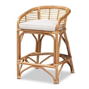 Pemberly Row White Fabric Upholstered and Brown Rattan Counter Stool