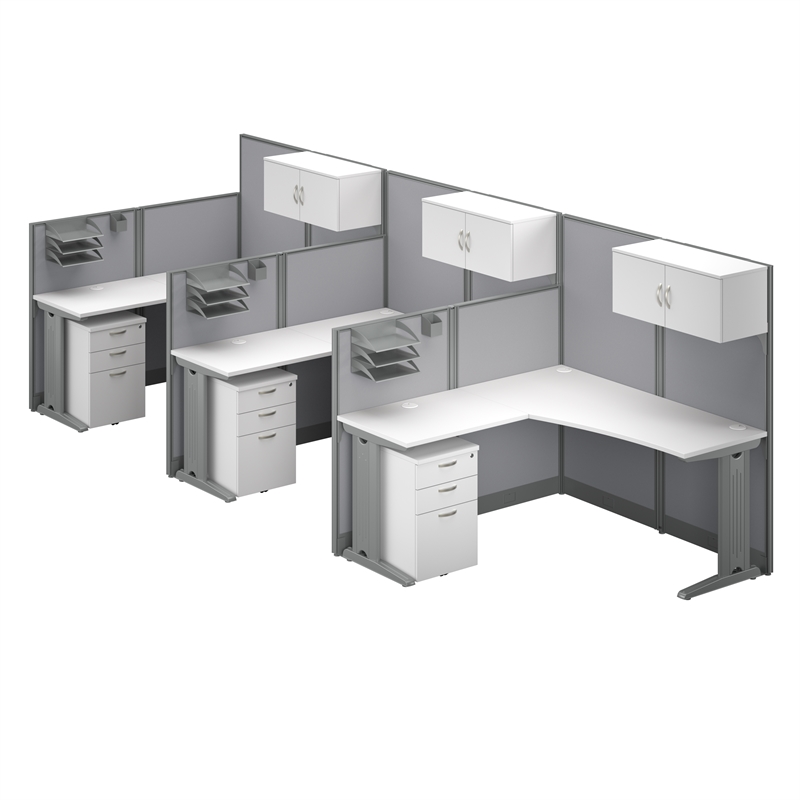 Pemberly Row 3 Person L Cubicle Desk Set in Pure White - Engineered Wood