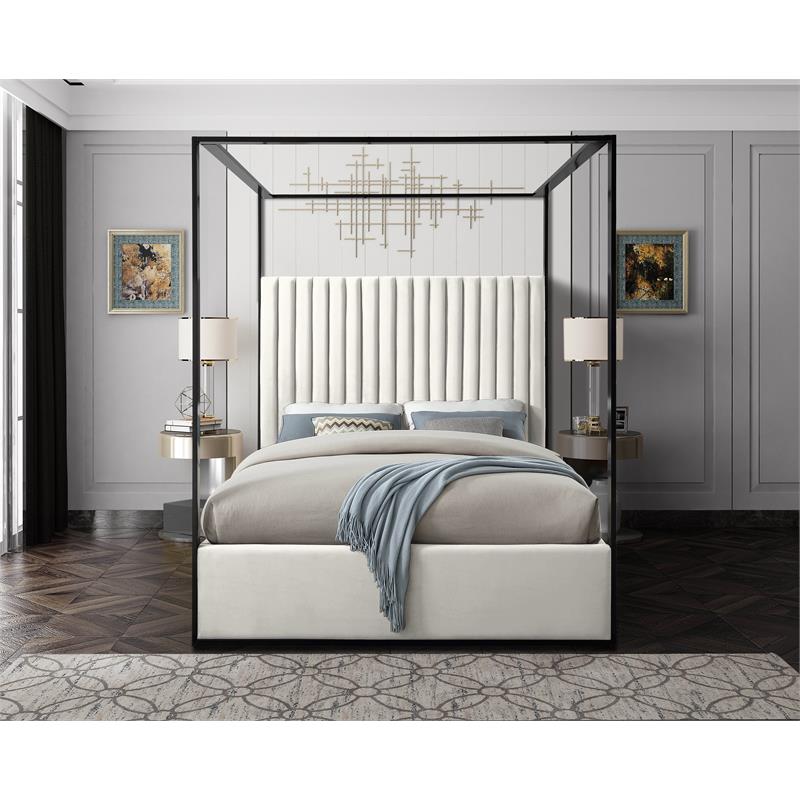 Pemberly Row Velvet Cream Queen Bed Tufted Canopy 78.5