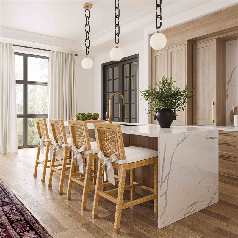 Pemberly Row Contemporary Natural Rattan Veneer Counter Stool