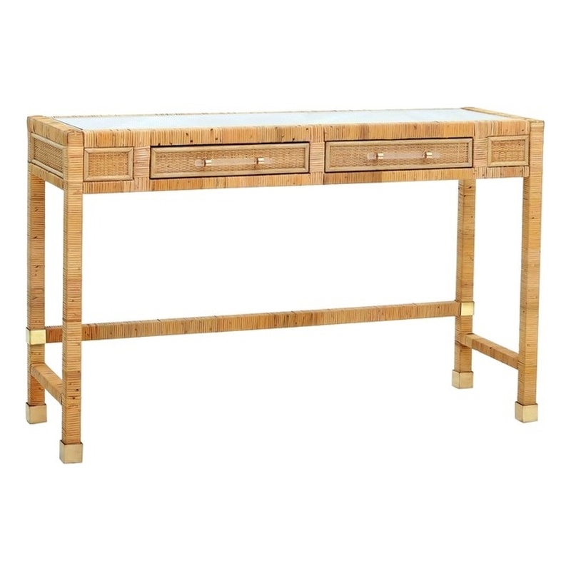 Pemberly Row Contemporary Rattan Glass Top Desk in Natural Finish