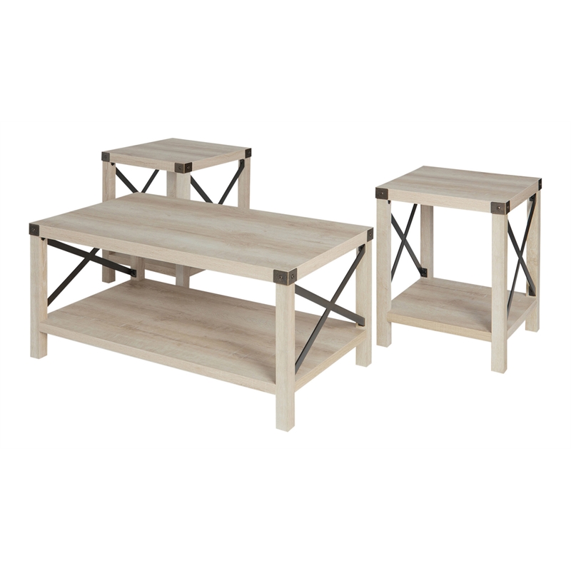 Pemberly Row 4PC Barn Door TV Stand Coffee Table & 2 End Table Set in White Oak