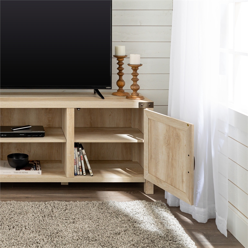 Pemberly Row 4PC Barn Door TV Stand Coffee Table & 2 End Table Set in White Oak