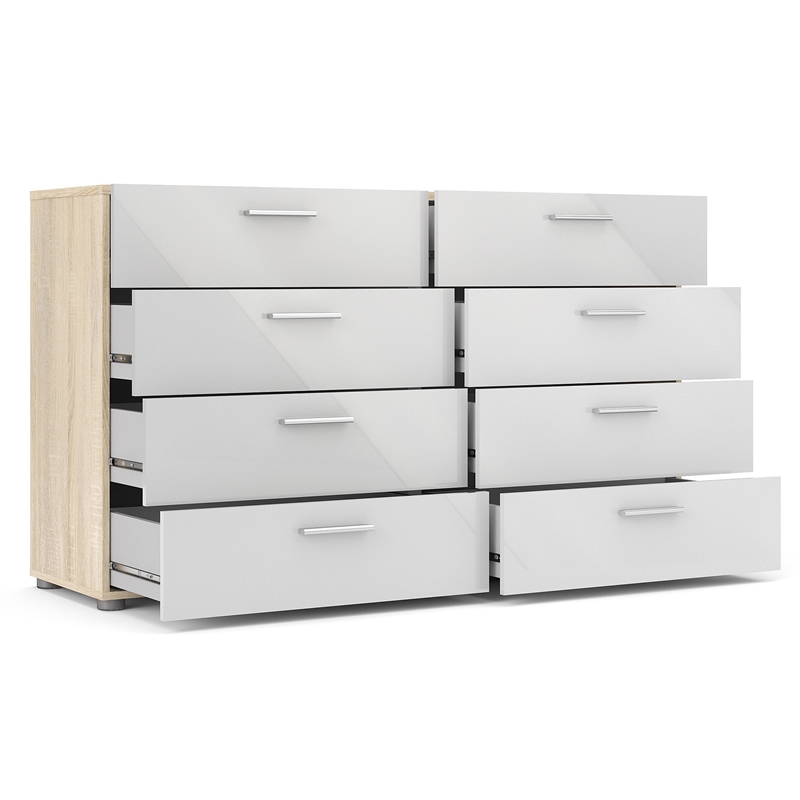 Pemberly Row 3PC Set of Nightstand 7 Chest & Double Dresser in Oak & White Gloss