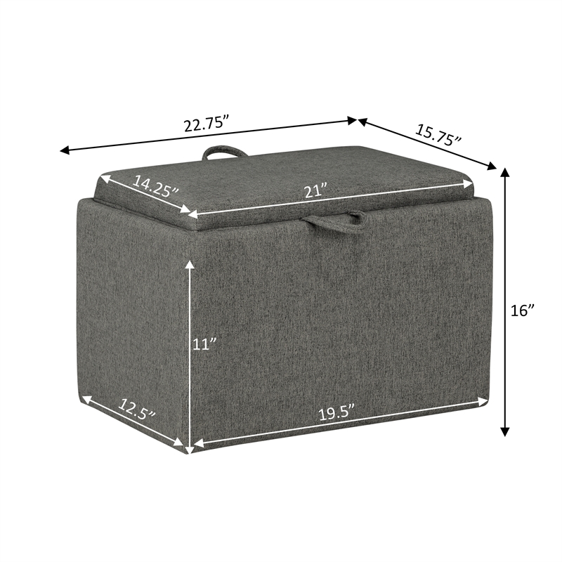 Pemberly Row Accent Storage Ottoman with Reversible Tray in Gray Fabric