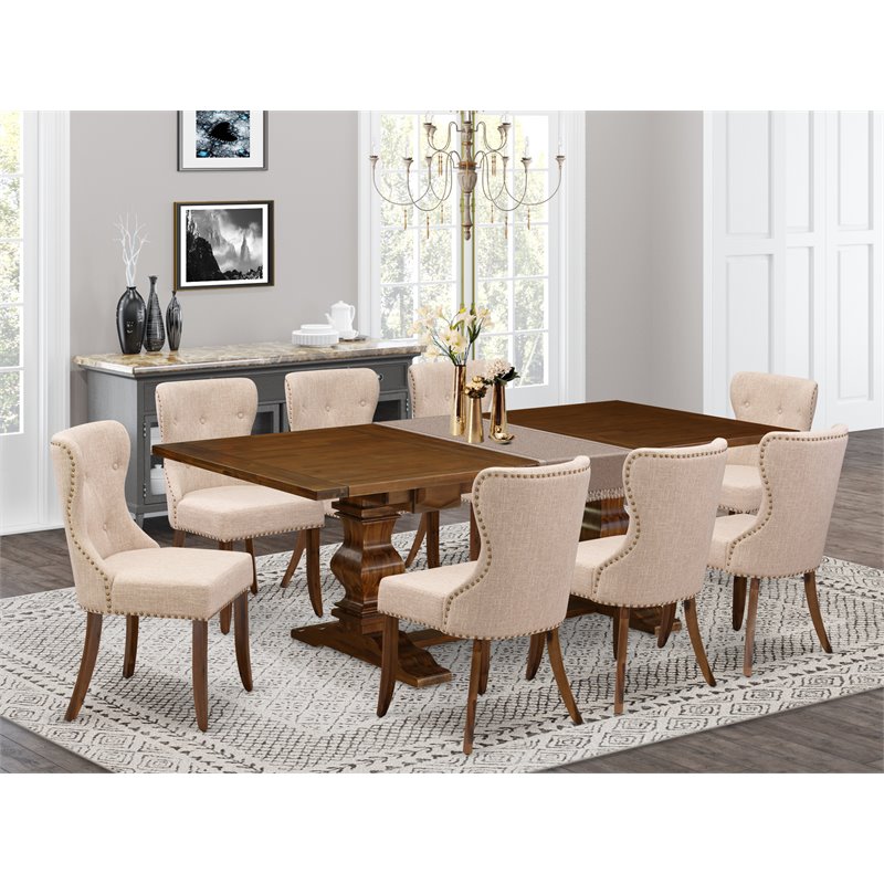 Pemberly Row Contemporary 9-piece Wood Dining Set in Walnut/Tan