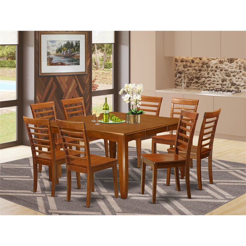 Pemberly Row Modern 9-piece Wood Dining Table Set in Saddle Brown