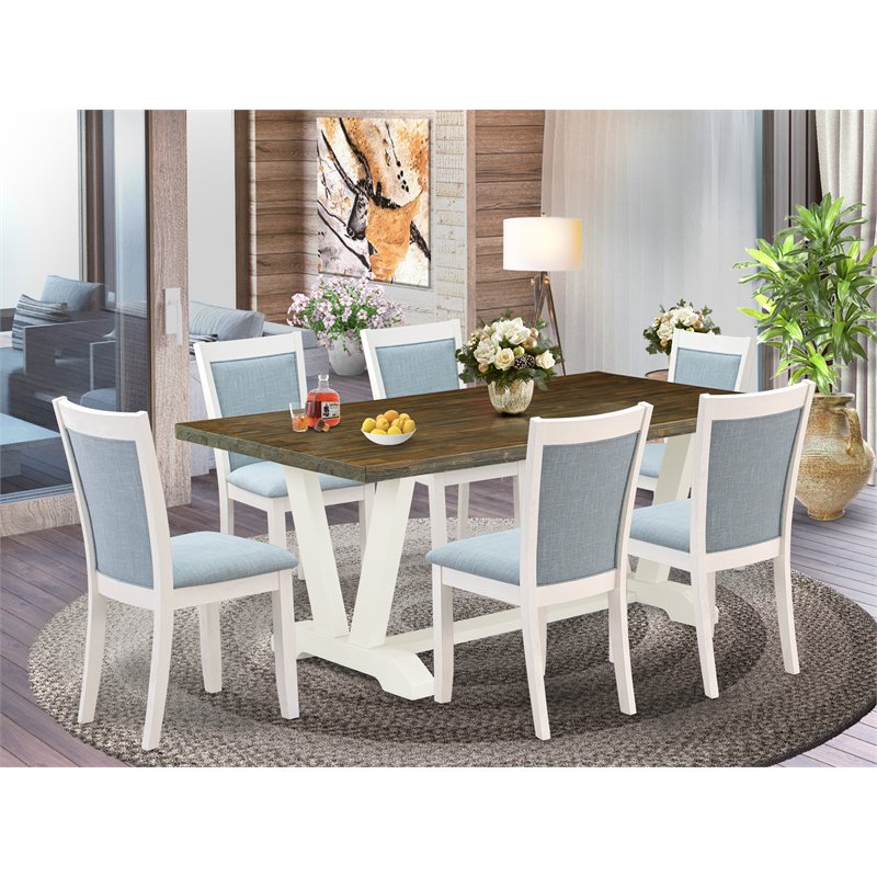 Pemberly Row Modern 7-Piece Wood Dining Set in Jacobean/Blue/White