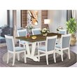 Pemberly Row Modern 7-Piece Wood Dining Set in Jacobean/Blue/White