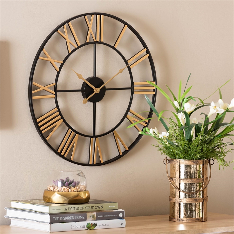 Pemberly Row Modern Industrial Two-Tone Black and Gold Metal Wall Clock