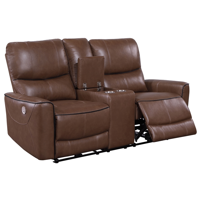 Pemberly Row Faux Leather Power Reclining Loveseat Console Saddle Brown