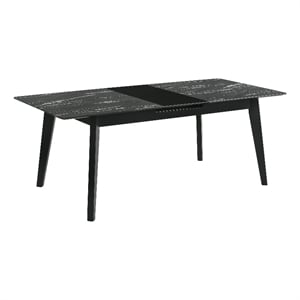 Pemberly Row Wood Dining Table Faux Marble Top and Extension Leaf Black