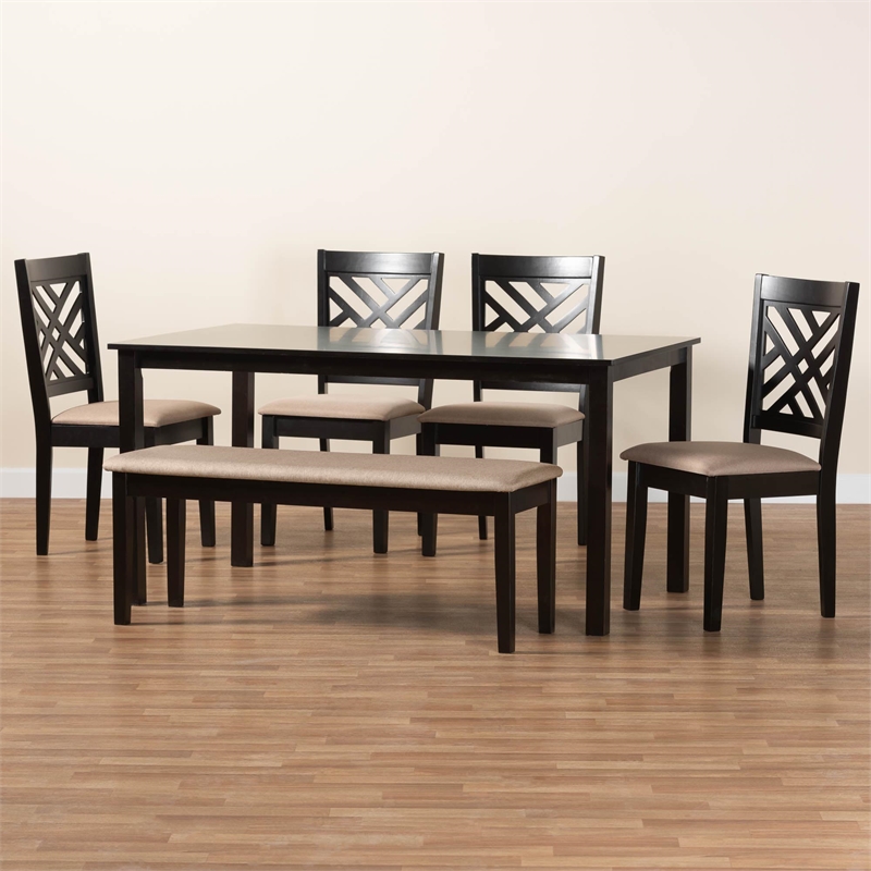Pemberly Row Sand Fabric and Walnut Brown Wood 6-Piece Dining Set