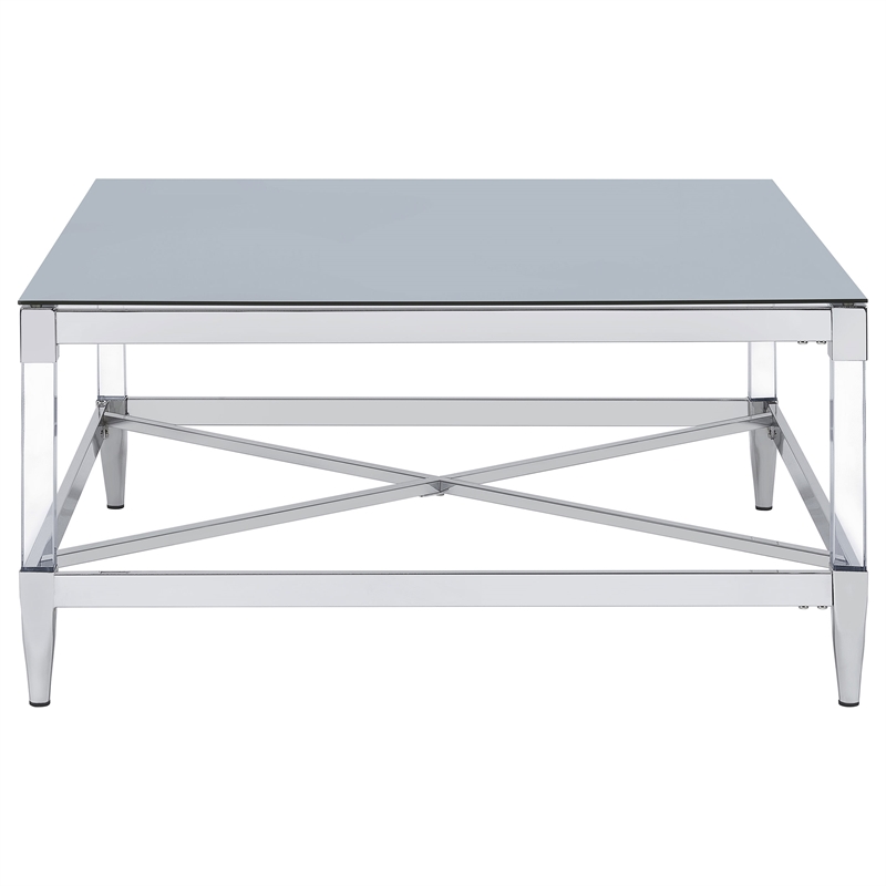 Pemberly Row Square Metal Coffee Table Tempered Mirror Top Chrome