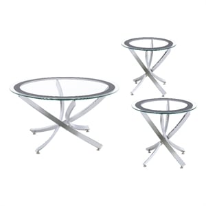 Pemberly Row 3-piece Round Glass Top Metal Base Coffee Table Sets Chrome & Black