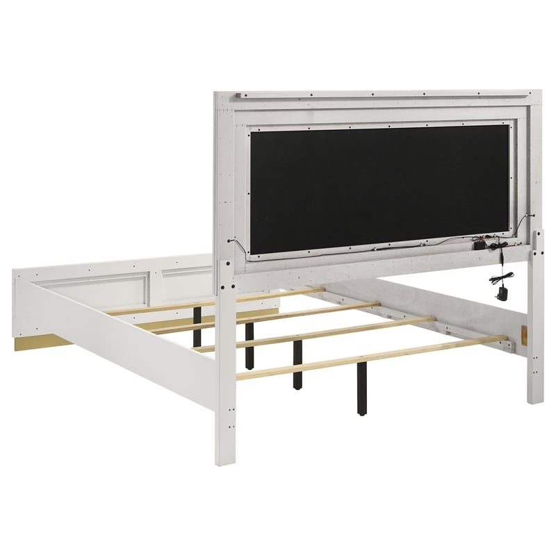 Pemberly Row Wood Queen Bed with LED Headboard White and Gray