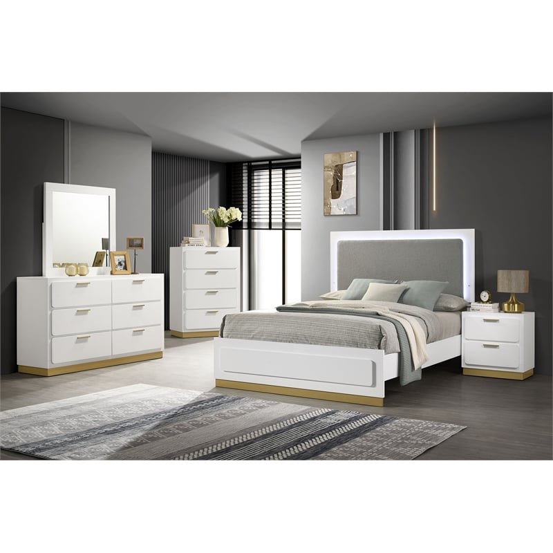 Pemberly Row Wood Queen Bed with LED Headboard White and Gray