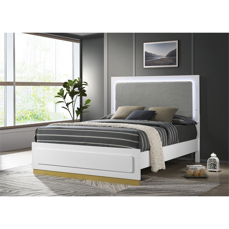Pemberly Row Wood Queen Bed with LED Headboard White and Gray