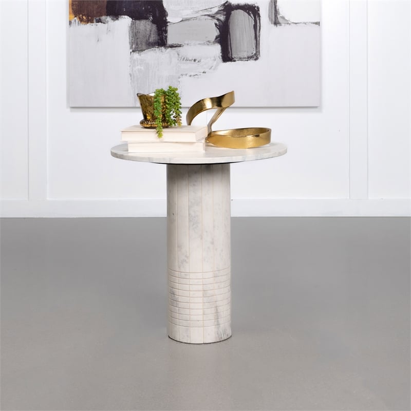 Pemberly Row Modern Wood Round Genuine Marble End Table White