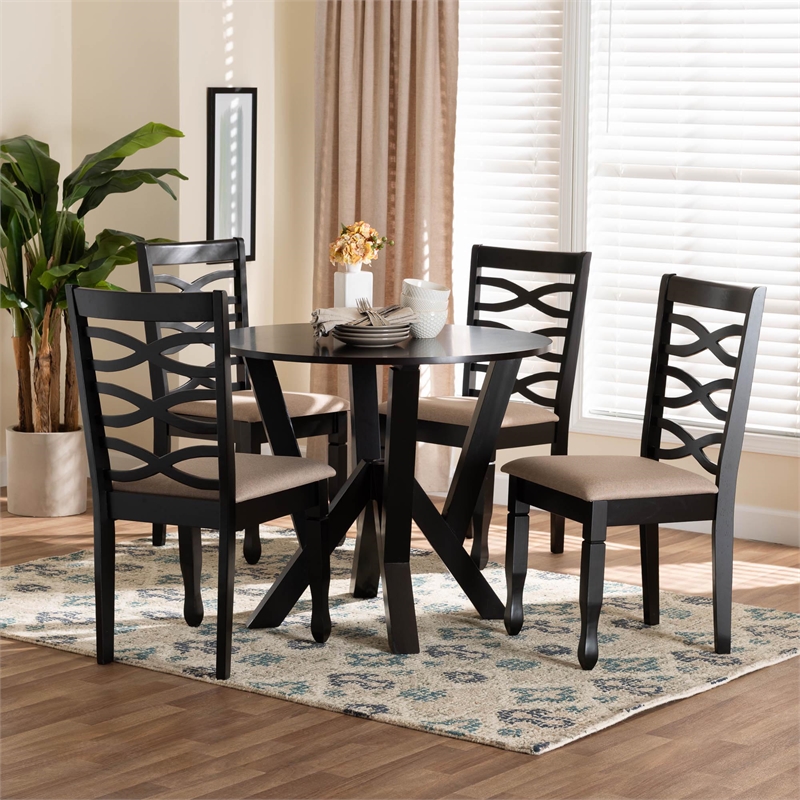 Pemberly Row Sand Fabric and Dark Brown Wood 5-Piece Dining Set