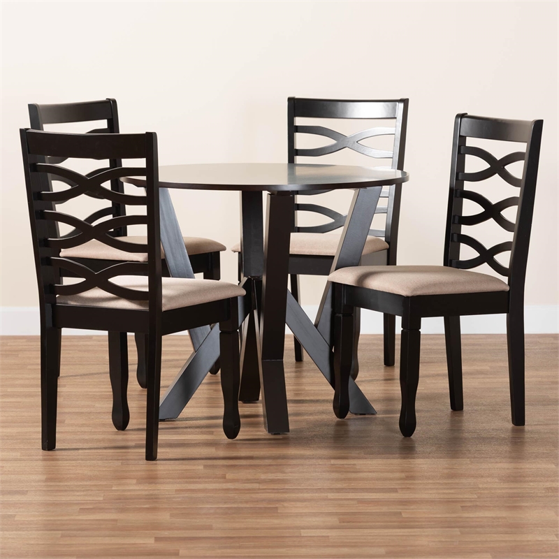 Pemberly Row Sand Fabric and Dark Brown Wood 5-Piece Dining Set
