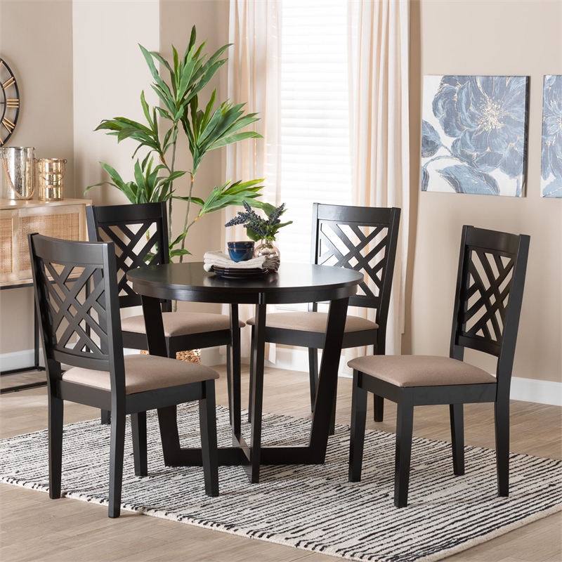 Pemberly Row Sand Fabric and Dark Brown Wood 5-Piece Dining Set