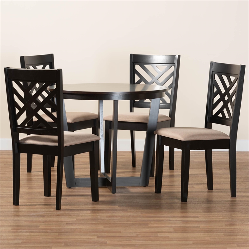 Pemberly Row Sand Fabric and Dark Brown Wood 5-Piece Dining Set