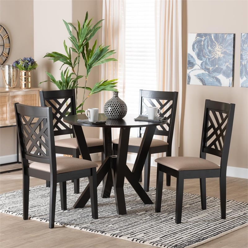 Pemberly Row Sand Fabric and Dark Brown Wood 5-Piece Dining Set