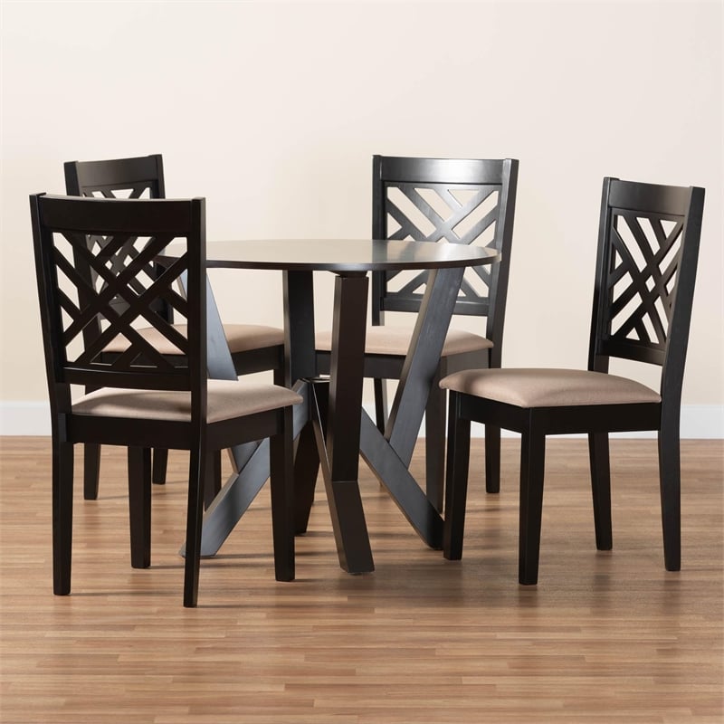Pemberly Row Sand Fabric and Dark Brown Wood 5-Piece Dining Set
