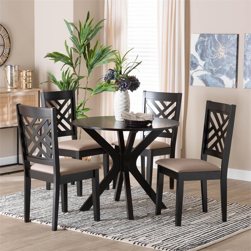 Pemberly Row Sand Fabric and Dark Brown Wood 5-Piece Dining Set