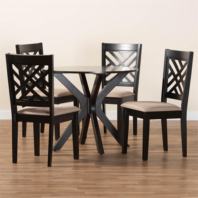 Pemberly Row Sand Fabric and Dark Brown Wood 5-Piece Dining Set