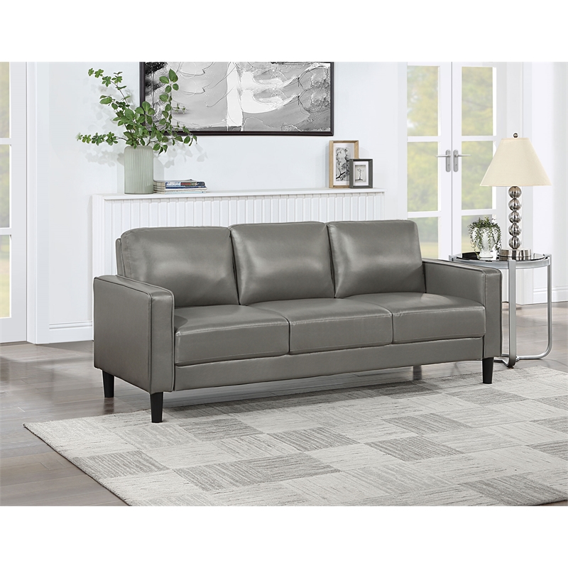 Pemberly Row Faux Leather Upholstered Track Arm Faux Leather Sofa Gray