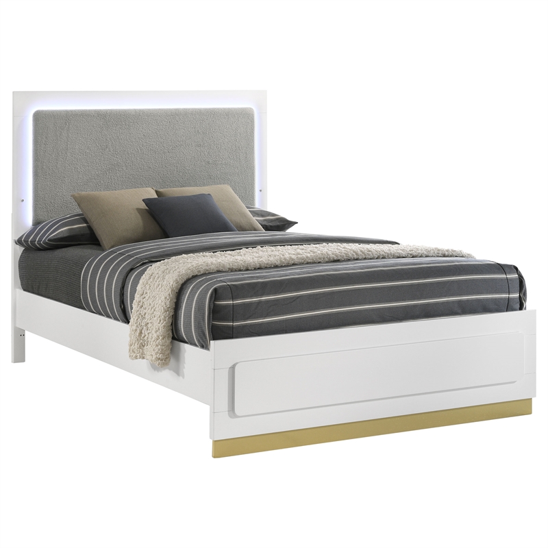 Pemberly Row Wood Eastern King Bed with LED Headboard White and Gray