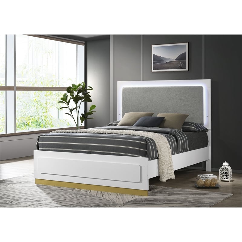 Pemberly Row Wood Eastern King Bed with LED Headboard White and Gray