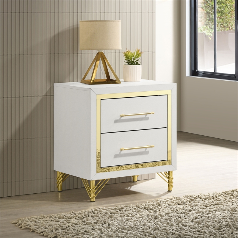 Pemberly Row Modern 2-drawer Wood Nightstand Bedside Table White and Gold