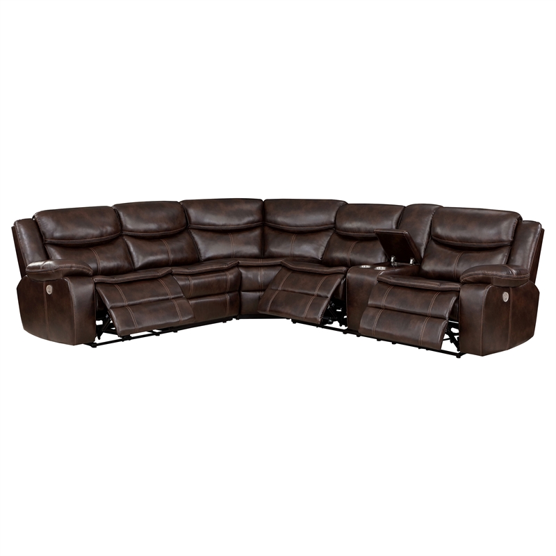 Pemberly Row Faux Leather Power Reclining Sectional Sofa Dark Brown