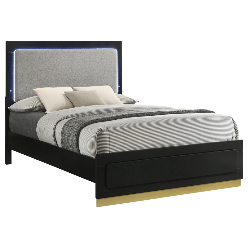 Pemberly Row Wood Eastern King Bed with LED Headboard Black and Gray